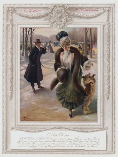 Belle Époque Paris, modische Dame im Bois de Boulogne (Farblithografie) von Albert Guillaume