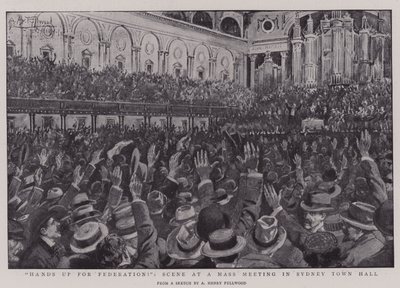 Hände hoch für die Föderation!, Szene bei einer Massenversammlung in der Sydney Town Hall von Albert Henry Fullwood