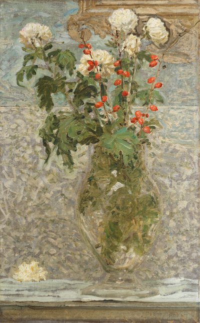 Weiße Chrysanthemen und rote Beeren von Albert Joseph Moore