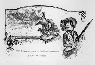 Antizipation: elektrische Staubsauger pumpen Wolken, um schlechtes Wetter zu vermeiden - in „Das 20. Jahrhundert“ von A. Robida von Albert Robida