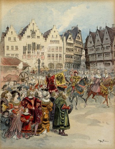 Wahl von Karl V. (1500-1558) zum Kaiser von Deutschland am 28. Juni 1519. Der Zug der sieben Kurfürsten zieht durch die Straßen von Frankfurt (Deutschland). Illustration von Albert Robida