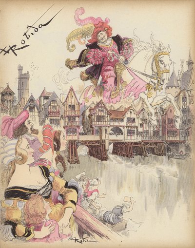 Reiter springt über eine Brücke von Albert Robida