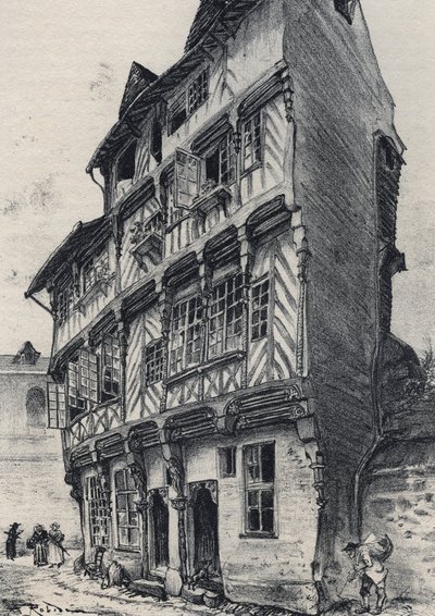 Haus Rue Saint Guillaume in Rennes - Altes Frankreich - Bretagne - Text, Zeichnungen und Lithographien von Albert Robida (1848-1926), undatiert, Ende des 19. Jahrhunderts von Albert Robida