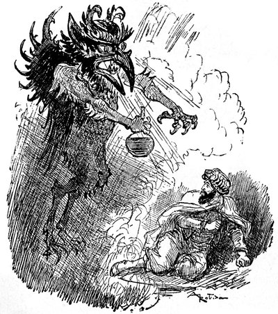 Illustration von Albert Robida (1848-1926) einer arabischen Legende (1001 Nacht) (Geschichten aus Tausendundeiner Nacht): ein schrecklicher Dämon (böser Geist) präsentiert einem Mann eine Flasche Wein. Gravur aus dem Buch „Choix de lectures“ Armand Colin 1 von Albert Robida