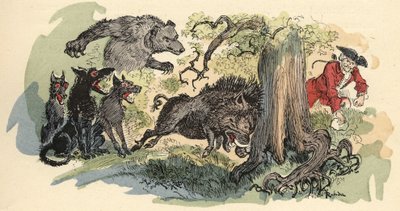 Illustration von Albert Robida in „Geschichte und Abenteuer des Baron von Münchhausen“, H. Laurens Ed., Ende des 19. Jahrhunderts. von Albert Robida