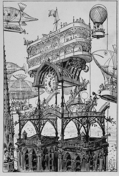 Internationales Hotel auf dem Arc de Triomphe - in Das 20. Jahrhundert von Robida von Albert Robida