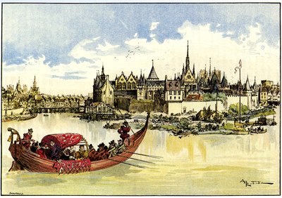 König Heinrich III. legt den Grundstein der Pont Neuf über die Seine in Paris, 31. Mai von Albert Robida