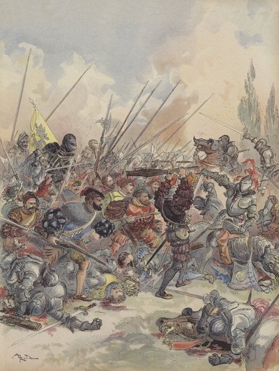 Der König in Pavia, vom Pferd gefallen, verletzt, kämpft gegen die angreifende Menge (Farblitho) von Albert Robida