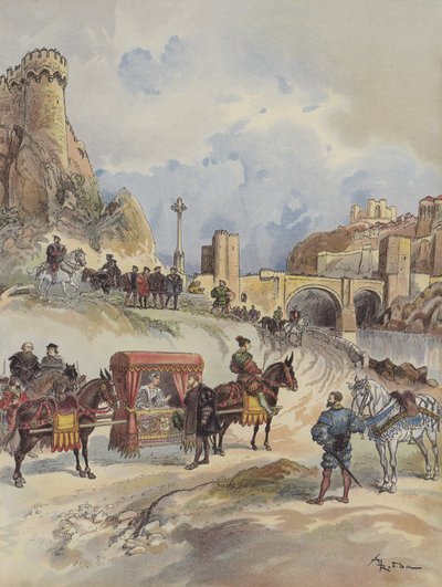 Margarete von Frankreich besucht ihren Bruder und wird von Karl V. an der Brücke von Toledo empfangen von Albert Robida