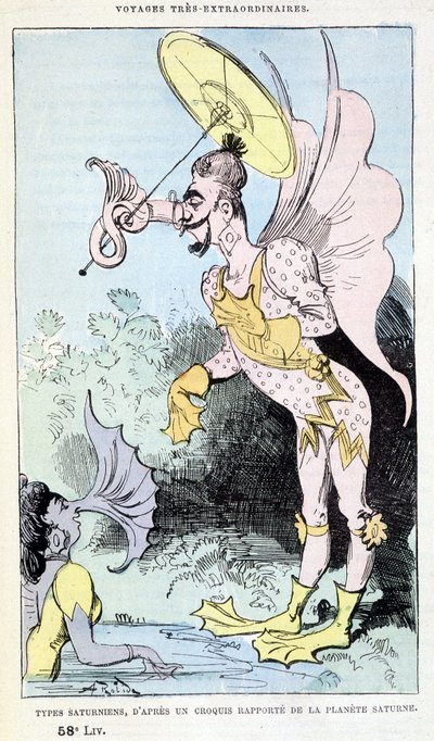 Saturnische Typen aus einer berichteten Skizze des Planeten Saturn (pseudo-anthropologische groteske Monster), Parodie von Jules Verne, „Sehr außergewöhnliche Reisen von Saturnin Farandoul in 5 oder 6 Teilen der Welt und in allen bekannten oder unbekannten von Albert Robida