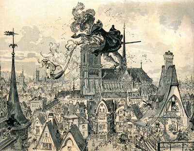 Der Riese Gargantua springt von seinem Pferd von Albert Robida