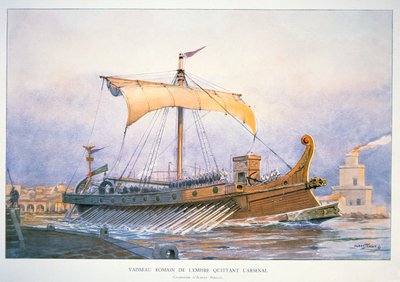 Römisches kaiserliches Schiff verlässt den Hafen, ca. 1930 (Farblithografie) von Albert Sébille