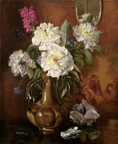 Weiße Pfingstrosen in einer glasierten viktorianischen Vase von Albert Williams