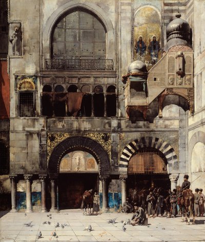 Tscherkessische Kavallerie wartet auf ihren Kommandanten vor einem byzantinischen Monument; Erinnerung an den Orient von Alberto Pasini