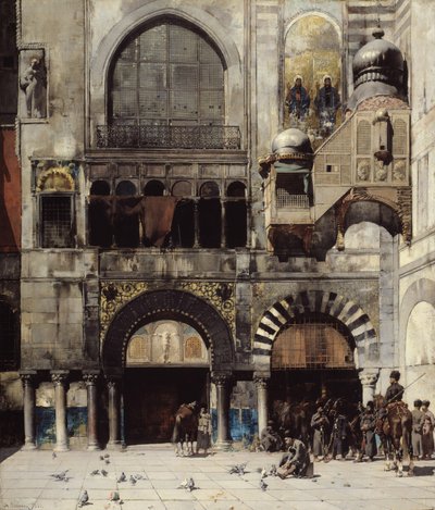 Tscherkessische Kavallerie wartet auf ihren Kommandanten vor einem byzantinischen Denkmal, Erinnerung an den Orient von Alberto Pasini