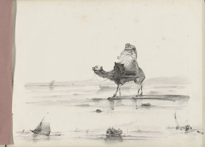 Mann, der auf einem Kamel entlang einer Küste reitet von Albertus van Beest