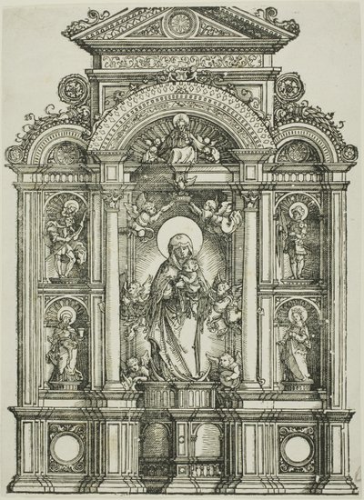 Altarbild mit der Schönen Madonna von Regensburg und den Heiligen Christophorus, Maria Magdalena, Florian und Katharina in Nischen, mit Gottvater darüber von Albrecht Altdorfer