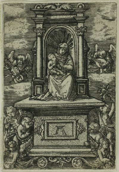 Die schöne Jungfrau von Regensburg mit dem Kind auf einem Thron, umgeben von Engeln mit Musikinstrumenten von Albrecht Altdorfer
