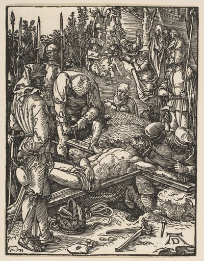Christus ans Kreuz genagelt, aus Die Kleine Passion, ca. 1509 von Albrecht Dürer