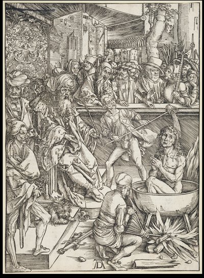 Die Marter des Evangelisten Johannes, aus der Folge der Apokalypse, Urausgabe Deutsch 1498 von Albrecht Dürer