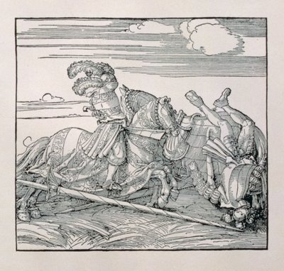 Kaiser Maximilian I. von Deutschland (1459-1519) stößt einen Gegner in einem Turnier vom Pferd, aus einem unveröffentlichten Buch, das die ritterlichen Taten des Kaisers verherrlicht, ca. 1515 von Albrecht Dürer