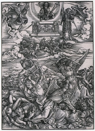Engelkampf, VII. Figur, Blatt 9 der Folge "Die Apokalypse" von Albrecht Dürer