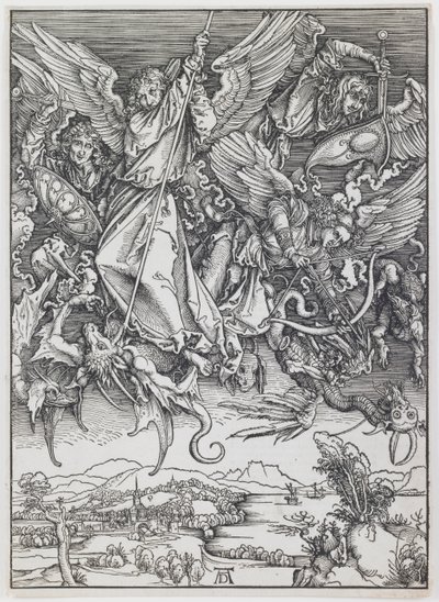 St. Michael kämpft gegen den Drachen, aus der Serie „Die Apokalypse“ von Albrecht Dürer