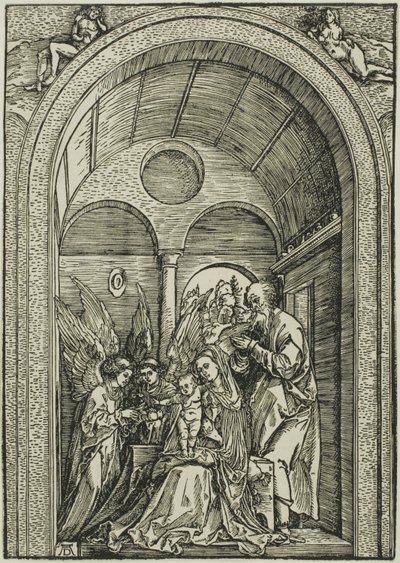 Die Heilige Familie mit zwei Engeln in einer gewölbten Halle von Albrecht Dürer