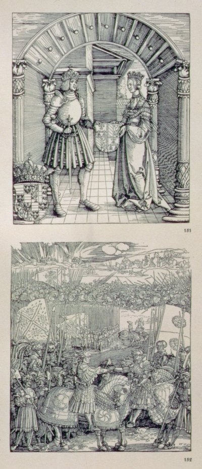 Der Triumphbogen von Kaiser Maximilian I. von Deutschland (1459-1519): Detail, das zwei Tafeln über dem linken Portal zeigt, die (oben) Maximilian I. und seine erste Frau Maria von Burgund (1457-82) darstellen von Albrecht Dürer