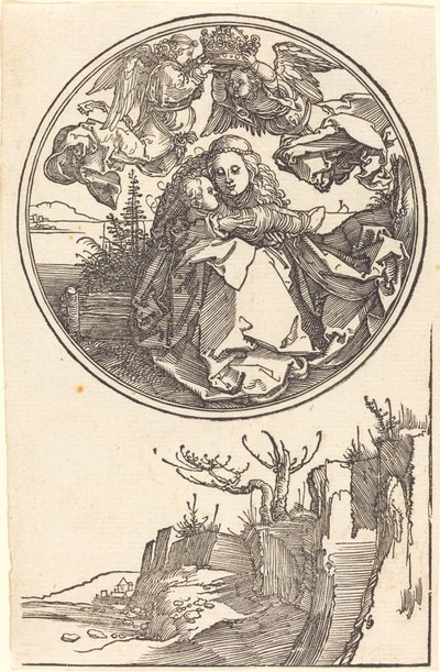 Die Jungfrau, von zwei Engeln über einer Landschaft gekrönt von Albrecht Dürer