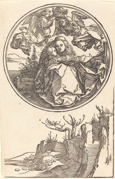 Die Jungfrau von zwei Engeln über einer Landschaft gekrönt von Albrecht Dürer