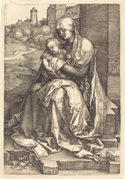 Die Jungfrau und das Kind an der Mauer sitzend von Albrecht Dürer