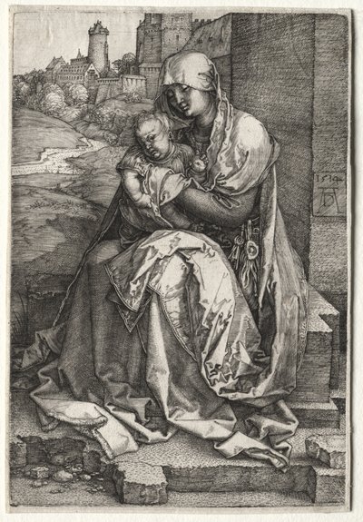 Die Jungfrau und das Kind sitzen an der Mauer von Albrecht Dürer