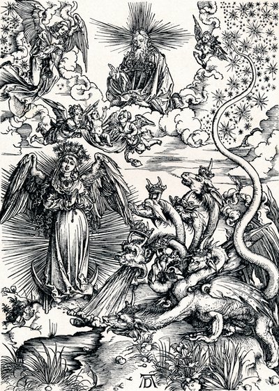 Die Frau, mit der Sonne bekleidet, und der siebenköpfige Drache, 1498 von Albrecht Dürer