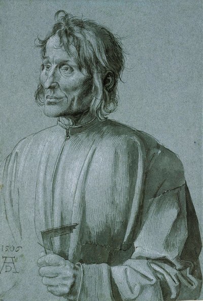 Porträt eines Architekten (Hieronymus von Augsburg) - Zeichnung von Albrecht Dürer (1471-1528), Feder, Pinsel, schwarze Tinte und weiße Farbe auf dunkelblauem Papier 1506 (39,1x26,6 cm) - Staatliche Museen, Berlin von Albrecht Dürer