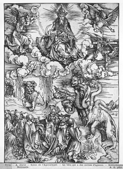 Szene aus der Apokalypse, Der siebenköpfige und zehnhörnige Drache von Albrecht Dürer