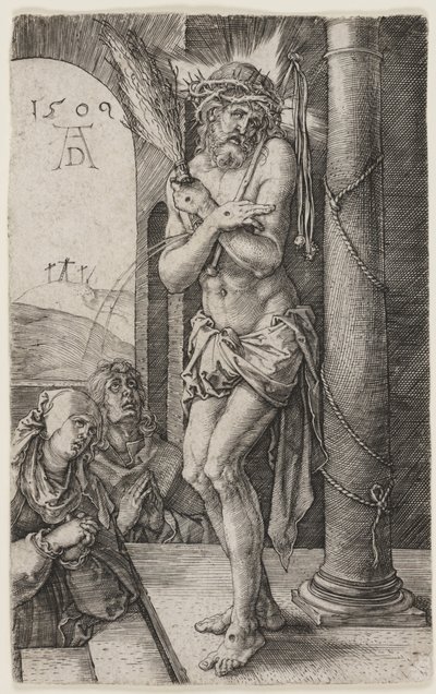 Der Mann der Schmerzen steht an der Säule von Albrecht Dürer