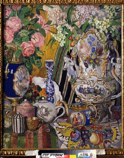 Stillleben mit Blumen und Porzellan von Aleksandr Jakovlevic Golovin