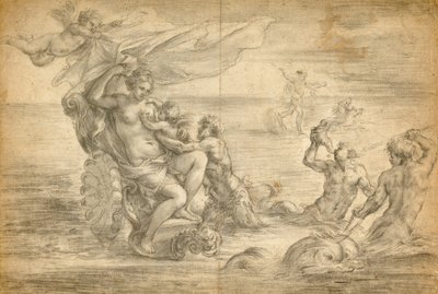 Venus in ihrem Meereswagen sitzend, Amor säugend von Alessandro Algardi