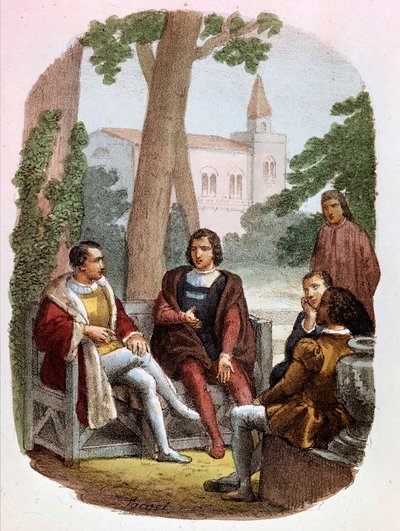 Fabrizio Colonna und Cosimo Rucellai diskutieren die Kunst des Krieges - in „Gesammelte Werke von Niccolò Machiavelli“, Illustration von Alessandro Focosi. „Die Kunst des Krieges“ von Niccolò di Bernardo dei Machiavelli von Alessandro Focosi