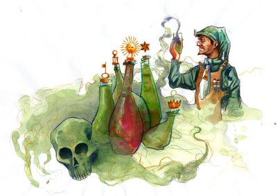 Ein Alchemist in seinem Labor, umgeben von Fläschchen und Destillierkolben, untersucht den Inhalt eines Fläschchens von Alessandro Lonati