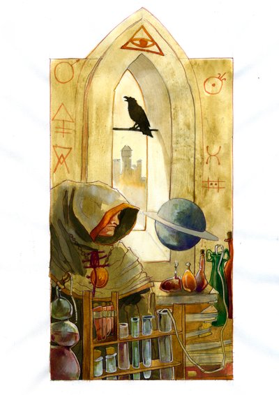 Ein Alchemist in seinem Labor, umgeben von Flaschen und Destillierkolben, untersucht den Inhalt einer Flasche von Alessandro Lonati
