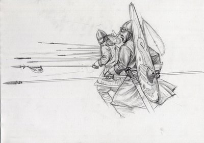 Angriff der normannischen Krieger der Infanterie in der Schlacht von Hastings im Jahr 1066. Zeichnung von Alessandro Lonati. von Alessandro Lonati