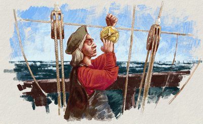 Christoph Kolumbus berechnet die Route mit einem Astrolabium (Illustration) von Alessandro Lonati
