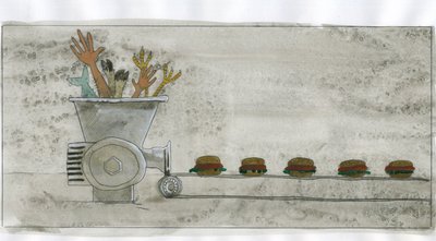 Konsumgesellschaft: Produktion von Junk Food, Hamburger aus menschlichen und tierischen Überresten - Illustration von Alessandro Lonati von Alessandro Lonati