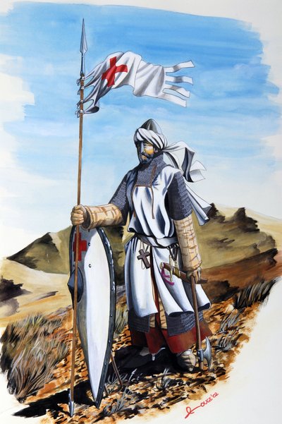Kreuzzüge: ein Ritter des Templerordens in einem weißen Mantel mit dem Roten Kreuz. von Alessandro Lonati