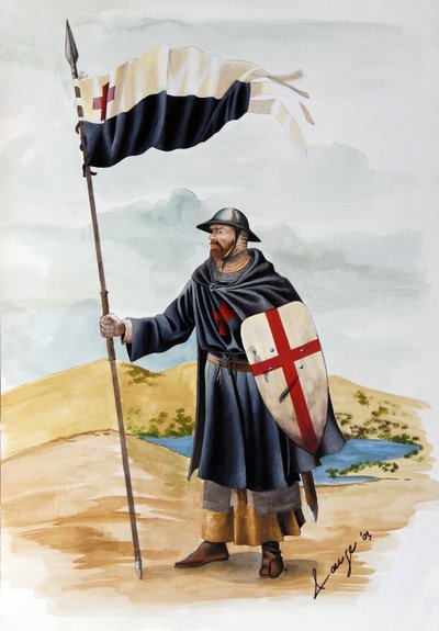 Kreuzzüge: Ein Ritter des Templerordens in schwarzer Kleidung mit dem roten Kreuz - Illustration von Alessandro Lonati von Alessandro Lonati