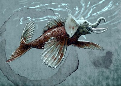 Fantastische Monster und Kreaturen, Kryptozoologie: Darstellung eines Makara, aquatisches Tier des mythologischen Bestiariums Indiens Zeichnung von Alessandro Lonati von Alessandro Lonati