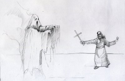 Kampf zwischen einem Mönch, der ein Kruzifix hält, und einem Geist. von Alessandro Lonati