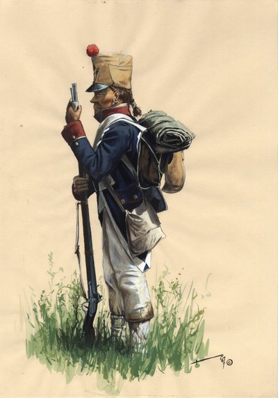 Erstes Kaiserreich (1804-1814 und 1815): Französischer Infanteriesoldat der großen napoleonischen Armee in Landestracht von Alessandro Lonati